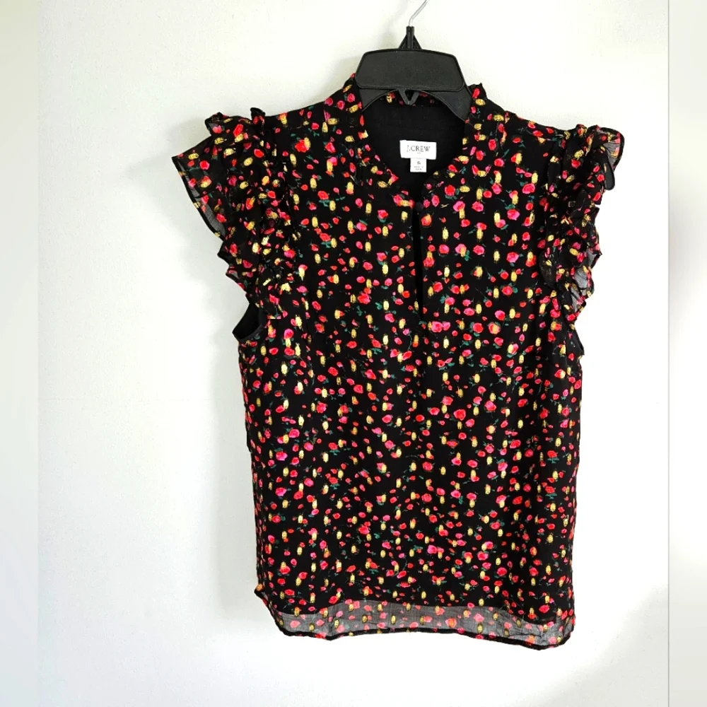 J Crew Black Gold Metallic Sleeveless Blouse Rose Print